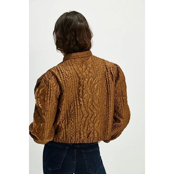 NWT FREE PEOPLE Quinn Quilted Crop Jacket $198 LARGE Bronze/Brown Patching - Picture 3 of 8